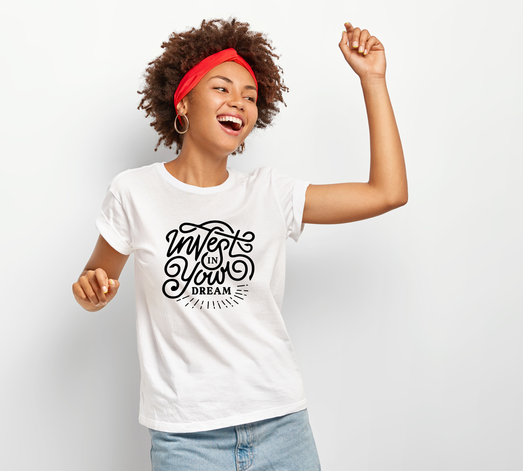 Woman dancing in white t shirt with black text