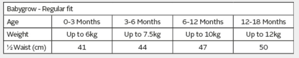 baby grow sizing charts